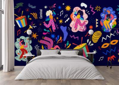 Carnival party. Carnival collection of colorful cards. Design for Brazil Carnival. Decorative abstract illustration with colorful doodles. Music festival illustration	
 Wall mural