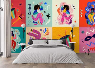 Carnival party. Carnival collection of colorful cards. Design for Brazil Carnival. Decorative abstract illustration with colorful doodles. Music festival illustration
 Wall mural