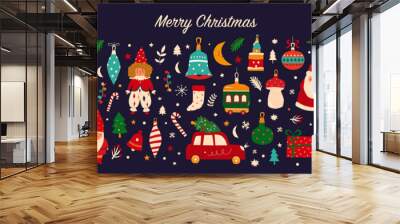 Christmas decorative banner with funny Santa Claus, vintage Christmas toys, Christmas tree and holiday elements. Christmas pattern Wall mural