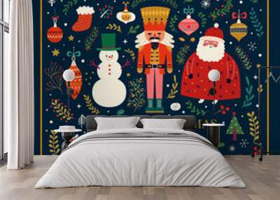 Classic Christmas greeting illustration with funny Santa Claus, nutcracker and snowman. Big Christmas collection in Scandinavian style with traditional Christmas and New Year elements Wall mural