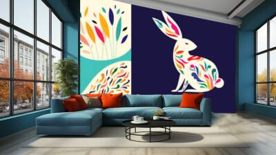 Colorful collection with easter rabbit and easter eggs. Happy easter greeting card with decorative easter bunny Wall mural