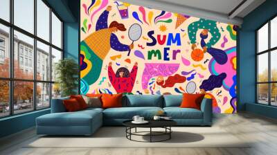 Colorful summer vector banner with people doing sports. An illustration showing summer sports activities: volleyball and badminton. People playing outdoors. Summer time concept design Wall mural