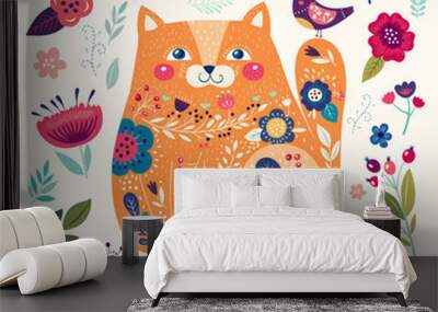 Cute spring illustration with decorative yellow cat.  Wall mural