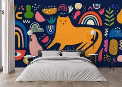 Cute spring pattern collection with cat. Decorative abstract horizontal banner with colorful doodles. Hand-drawn modern illustrations with cats, flowers, abstract elements Wall mural