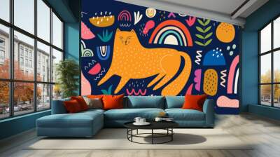 cute spring pattern collection with cat. decorative abstract horizontal banner with colorful doodles Wall mural