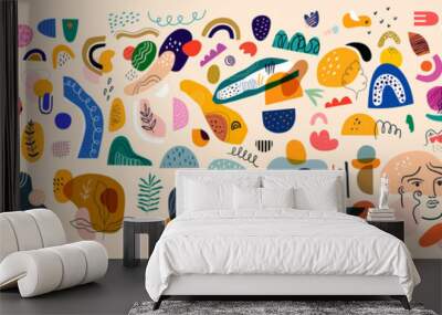 Decorative abstract collection with abstract shapes colourful doodles. Hand-drawn modern shapes Wall mural