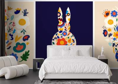 Floral spring colourful trendy background and wallpaper with decorative bunny	 Wall mural