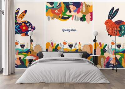 Floral spring colourful trendy background and wallpaper with decorative bunny Wall mural