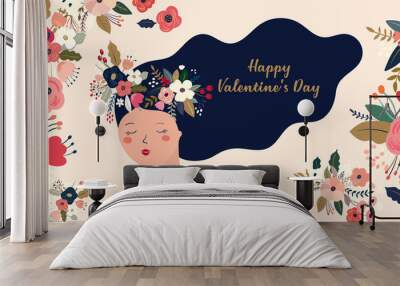 Valentines Day greetings illustrations, posters, cards. Set of Valentines day cards. Vector illustration of girl in love. Flyer, card, banner, brochure Wall mural