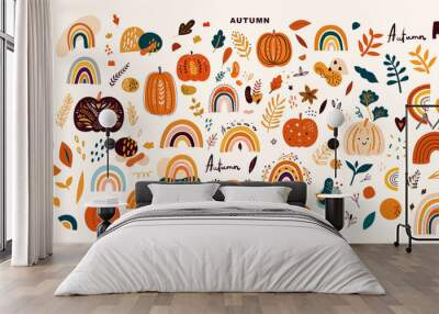 Vector collection with autumn symbols and elements. Autumn pumpkins and Rainbows Wall mural