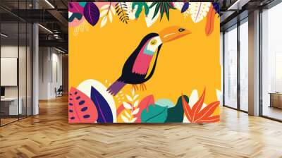 Vector colorful illustration with tropical flowers, leaves and toucan	 Wall mural