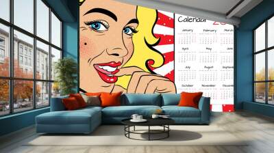 A calendar for 2019 in the style of pop art with a sexy blonde woman with squinted eyes and open mouth. Vector background in comic style retro pop art. Wall mural