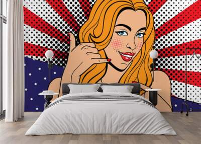 Sexy pop art woman with squinted eyes and open mouth. Vector background in comic style retro pop art. Invitation to a party.  Wall mural