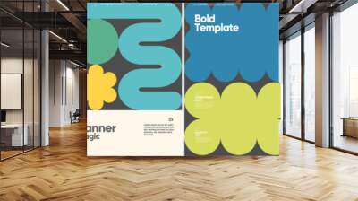 A vibrant collection of four minimalist retro posters with bold typography and colorful geometric shapes, emphasizing modern design elements and a playful arrangement of forms. Wall mural