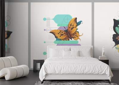 Abstract minimalist Art. Mixed style, geometric shapes and plants. Flowers, leaves. Set of vector paintings. Bauhaus. Backgrounds for poster, banner, print. Wall mural