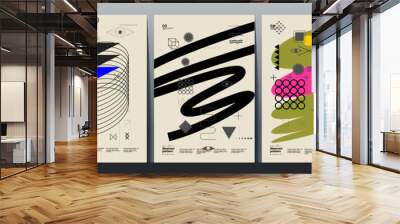 Abstract Paintings. Set of vector illustrations. Memphis and Bauhaus style designs. Geometric shapes, backgrounds, trendy patterns. Retro elements for web, sale banners, posters, flyer. Wall mural