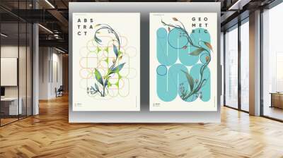 Abstract posters. Botanical banner with geometric shapes, leaves, branch and plants. Set of vector illustrations. Modern painting for interior. Wall mural