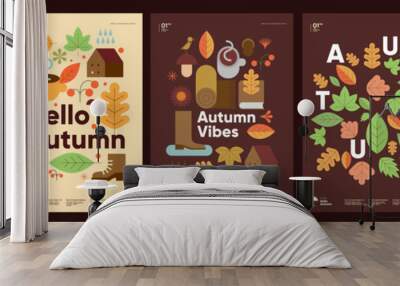 Autumn. A set of simple flat vector illustrations. Background patterns hello autumn, autumn sale, seasons. Perfect background for banner, poster, flyer, cover. Wall mural