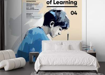 Back to School. First day of school. Banner vector illustration background. A young man is reading a book. Typography poster design and vectorized watercolor illustrations on a background. Wall mural