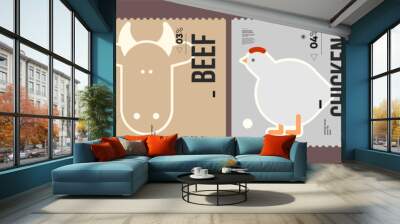 Bacon, beef, chicken, ham. Farmer's products. A set of vector labels in a modern, minimalist style. Geometric icons and elements. Wall mural