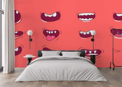 Big set of cartoon mouths and smiles. Painted style, illustration with outline. Vector illustration. Wall mural