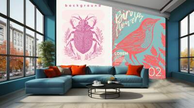 Birds, beetles and flowers. Spring. Nature. Engraving style. Typography posters design. Simple pencil drawing. Set of flat vector illustrations. Print, banner, label, cover or t-shirt. Wall mural