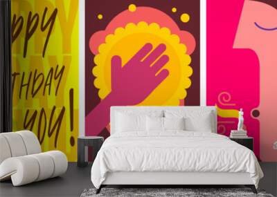 Birthday. Simple, fun. A set of vector illustrations. Happy birthday greeting. Happy face. Pie in the face. The girl blows out the candles, there is a cake. Wall mural