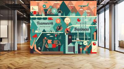 Business illustration.  Flat vector illustrations. Business processes, teamwork, office work. Large panorama with cityscapes and business people. Wall mural