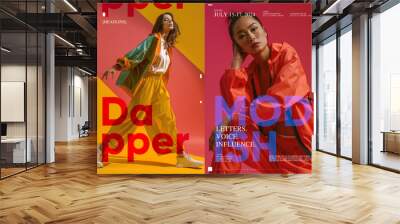 Colorful fashion posters with bold typography and stylish models posing in trendy outfits. Typography poster design. Wall mural