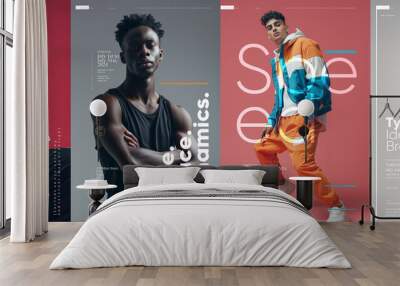 Contemporary fashion poster series featuring male models and dynamic typography. Wall mural