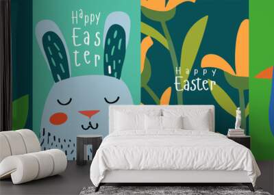 Delightful naive art vector illustrations for Easter, featuring a stylized egg, a content rabbit, and a charming bird, all with a 'Happy Easter' and 'Spring' message. Wall mural