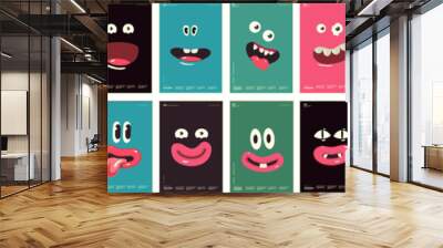 Emotions, cartoon faces, funny monsters. Mega collection of posters. Big Set of vector illustrations. Simple background pictures, perfect for posters, banners, t-shirt print, desktop wallpaper. Wall mural