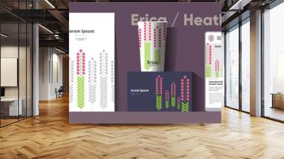 Flowers and plants. Erica, heather. Corporate identity. Set of vector illustrations. Floral background pattern. Design of cup, poster, banner, packaging, price tag and cover. Wall mural