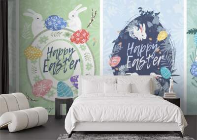 Happy Easter. A set of vector Easter illustrations. Easter eggs on a plate. Flowers, Easter eggs, rabbit. Spring flower illustration. Perfect for a poster, cover, or postcard. Wall mural