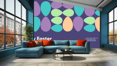 Happy Easter. Flat vector illustration. Abstract backgrounds, geometric patterns for the Easter holiday. Ornament, spring symbols, eggs, flowers. Poster, banner, flyer. Egg packaging label. Wall mural