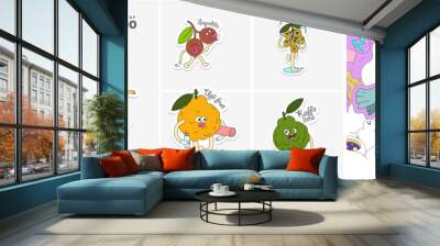 Mango, Sapodilla, Longan, Ugli fruit, Kaffir lime, Coconut. Fruit. Set of vector stickers. Funny characters in doodle style. Hand-drawn cartoon icons with stroke. Wall mural