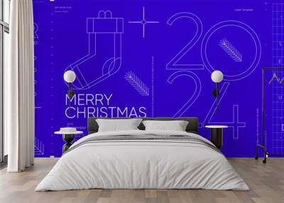 Merry Christmas and Happy New Year! 2024. Modern minimalistic Christmas banner. Vector illustration with elements of typography. Vector geometric objects. Trendy retro style. Wall mural