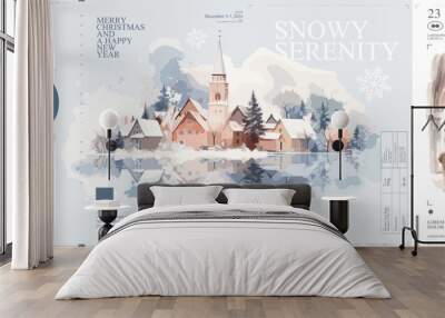 Merry Christmas and happy new year. 2024. Watercolor posters. Cozy Christmas interior. Winter countryside landscape. Typographic poster design and vectorized watercolor objects on background. Wall mural