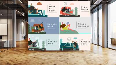 People work at home. Big set. Collection of vector illustrations. Simple, flat design. Patterns and backgrounds. Perfect for poster, cover, banner. Wall mural