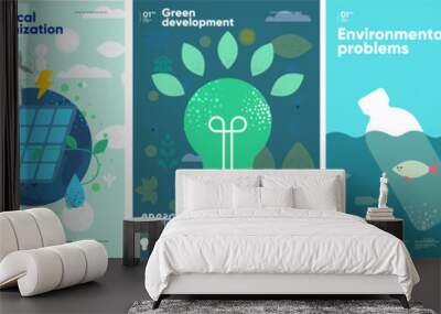 Recycle. Nature and Renewable Energy. Green Energy and Natural Resource Conservation. Set of vector illustrations. Background images for poster, banner, cover art. Wall mural