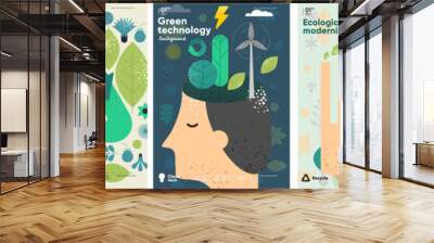 Recycle. Nature and Renewable Energy. Green Energy and Natural Resource Conservation. Set of vector illustrations. Background images for poster, banner, cover art. Wall mural