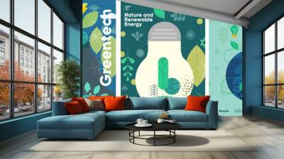 Recycle. Nature and Renewable Energy. Green Energy and Natural Resource Conservation. Set of vector illustrations. Background images for poster, banner, cover art. Wall mural