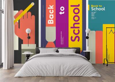 School backgrounds. Book, stationery, books, hand and pencil. Wall mural