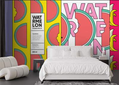 Set of labels, posters, and price tags features line art designs of fruits, specifically bananas and watermelons, in a vibrant, minimalistic style. Wall mural