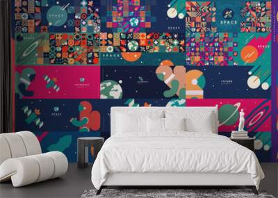 space. astronaut. a spaceship. big set. collection of vector illustrations. simple, flat design. pat Wall mural