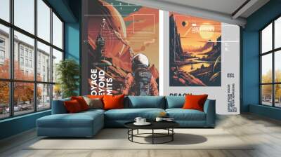 Space. Astronaut. Set of vector posters. Typography design and vectorized illustrations on the background. Wall mural