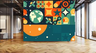 Space. Cosmos. Vector illustrations. Abstract backgrounds, patterns on the theme of space. Minimalistic vintage postcards. Wallpaper, poster, cover. Wall mural