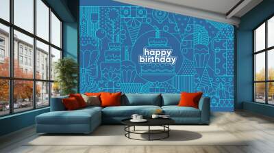 The Birthday Background. Birthday Background. Pattern of holiday elements, geometric patterns cupcake with a candle, a gift, a birthday cake. Wall mural