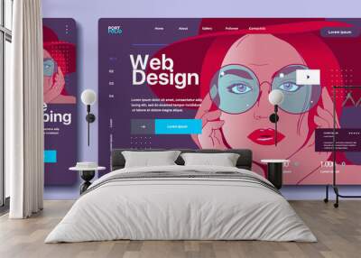 The face of a young girl with glasses on the desktop wallpaper. Modern flat web design in responsive website and app. Wall mural