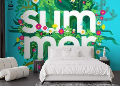 The inscription is a sammer in the center and plant elements envelop this inscription. Flat vector illustration Wall mural